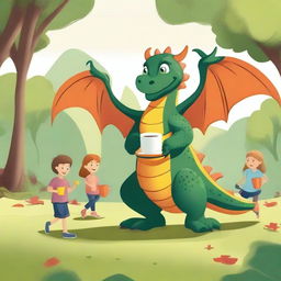 A dragon strolling through the park with a cup of coffee in its claw, accompanied by children.