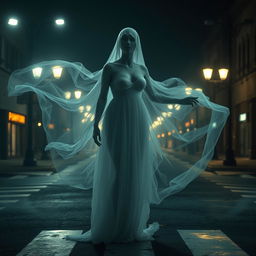 A beautiful ghostly figure with a generous bust, haunting and ethereal, standing at a four-way intersection