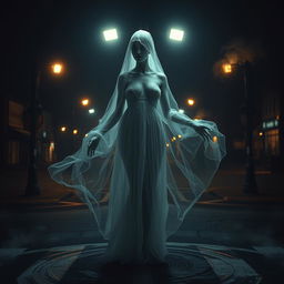 A beautiful ghostly figure with a generous bust, haunting and ethereal, standing at a four-way intersection