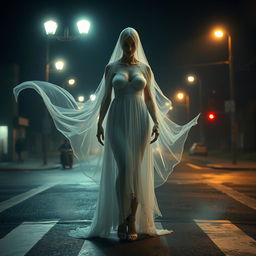 A beautiful ghostly figure with a generous bust, haunting and ethereal, standing at a four-way intersection