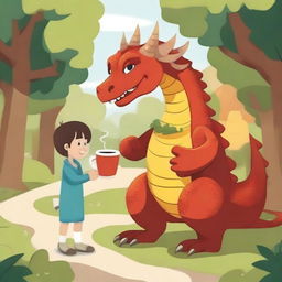 A dragon strolling through the park with a cup of coffee in its claw, accompanied by children.