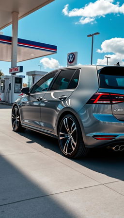 A sleek Volkswagen Golf parked at a modern gas station, showcasing its stylish and contemporary design