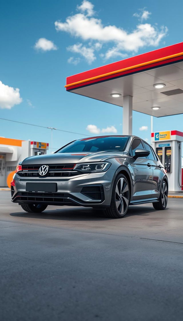 A sleek Volkswagen Golf parked at a modern gas station, showcasing its stylish and contemporary design