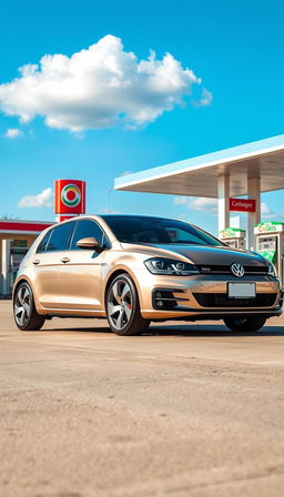 A sleek Volkswagen Golf parked at a modern gas station, showcasing its stylish and contemporary design