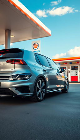 A sleek Volkswagen Golf parked at a modern gas station, showcasing its stylish and contemporary design