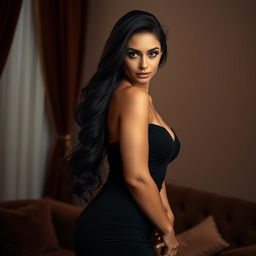 A provocative and captivating portrait of a confident woman with long, flowing dark hair, dressed in an elegant, form-fitting black dress that accentuates her curves