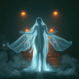 A beautiful ghostly figure, with her head placed at her feet, creating a surreal and captivating image