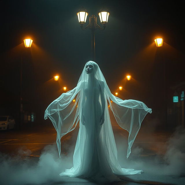 A beautiful ghostly figure, with her head placed at her feet, creating a surreal and captivating image