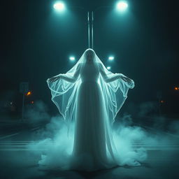 A beautiful ghostly figure, with her head placed at her feet, creating a surreal and captivating image