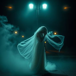 A beautiful ghostly figure, with her head placed at her feet, creating a surreal and captivating image