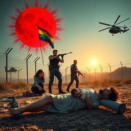 A dramatic scene depicting a human arm and leg lying on the ground, next to a rifle