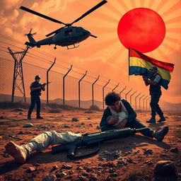A dramatic scene depicting a human arm and leg lying on the ground, next to a rifle
