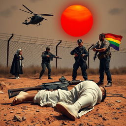 A dramatic scene depicting a human arm and leg lying on the ground, next to a rifle