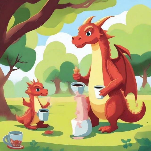 A dragon strolling through the park with a cup of coffee in its claw, accompanied by its two daughters.