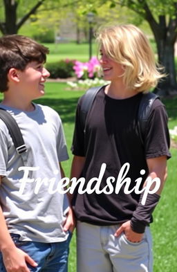 Two teenage boys standing close together, gazing into each other's eyes with an expression of curiosity and joy