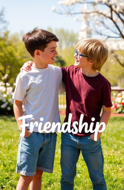 Two teenage boys standing close together, gazing into each other's eyes with an expression of curiosity and joy