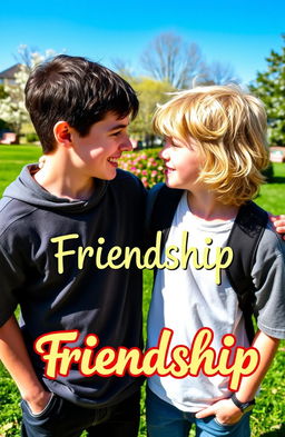 Two teenage boys standing close together, gazing into each other's eyes with an expression of curiosity and joy