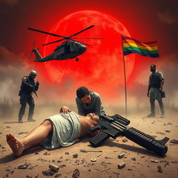 A powerful and emotional scene depicting a human arm and leg on the ground, surrounded by a military-style rifle
