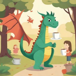 A dragon strolling through the park with a cup of coffee in its claw, accompanied by its two daughters.