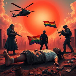 A powerful and emotional scene depicting a human arm and leg on the ground, surrounded by a military-style rifle