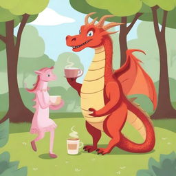 A dragon strolling through the park with a cup of coffee in its claw, accompanied by its two daughters.