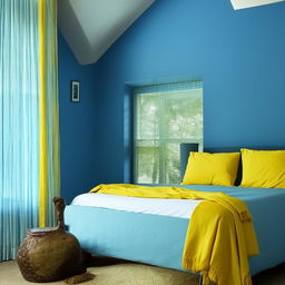 A vibrant bedroom with a theme of blue and yellow colors. The room features blue walls, yellow accents in the form of bed sheets, pillows and curtains. Subtle hints of these colors may also be found in the decor pieces.