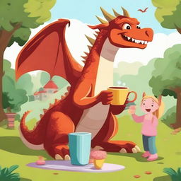 A dragon strolling through the park with a cup of coffee in its claw, accompanied by its two daughters.