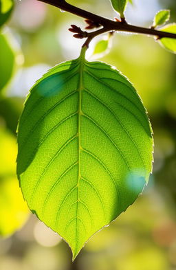 A close-up view of a vibrant green leaf with intricate veins visible, glistening with morning dew