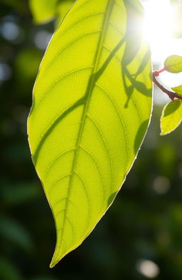 A close-up view of a vibrant green leaf with intricate veins visible, glistening with morning dew