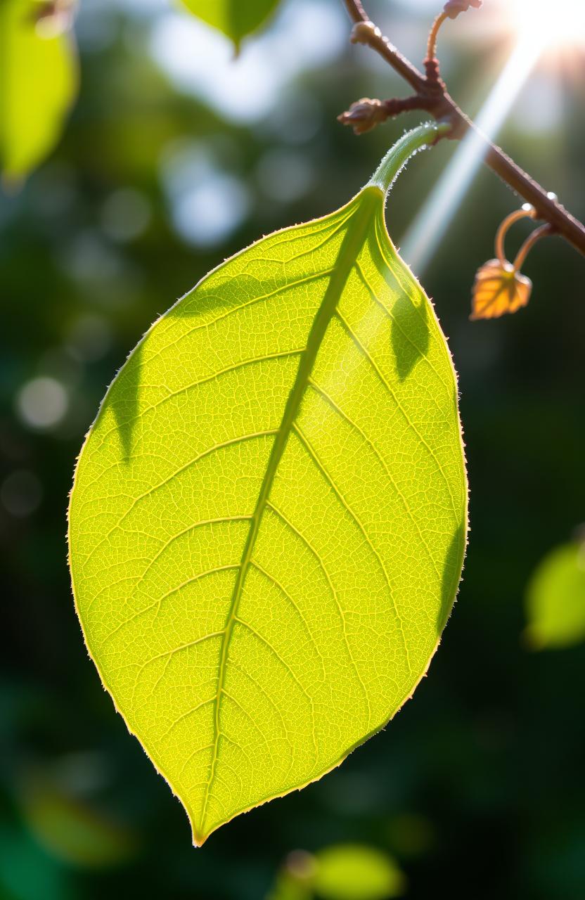 A close-up view of a vibrant green leaf with intricate veins visible, glistening with morning dew