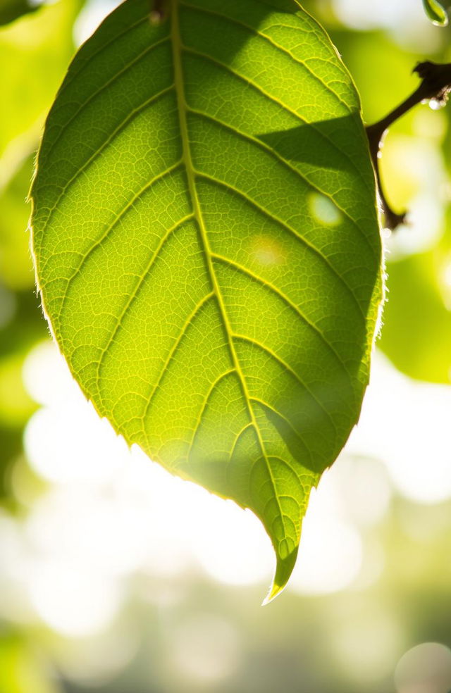 A close-up view of a vibrant green leaf with intricate veins visible, glistening with morning dew