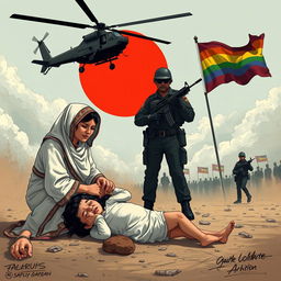 A powerful and emotional illustration featuring a poignant scene on the ground