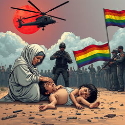 A powerful and emotional illustration featuring a poignant scene on the ground