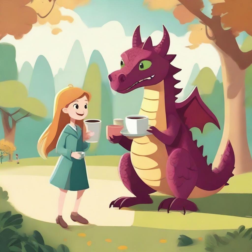 A dragon strolling through the park with a cup of coffee in its claw, accompanied by two little girls.