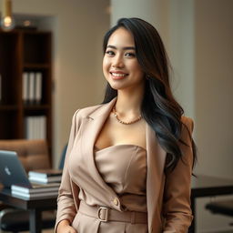 A stunningly beautiful woman from Bandung, Indonesia, possessing a large bust, dressed elegantly in a modest yet classy outfit that showcases her successful and intelligent character