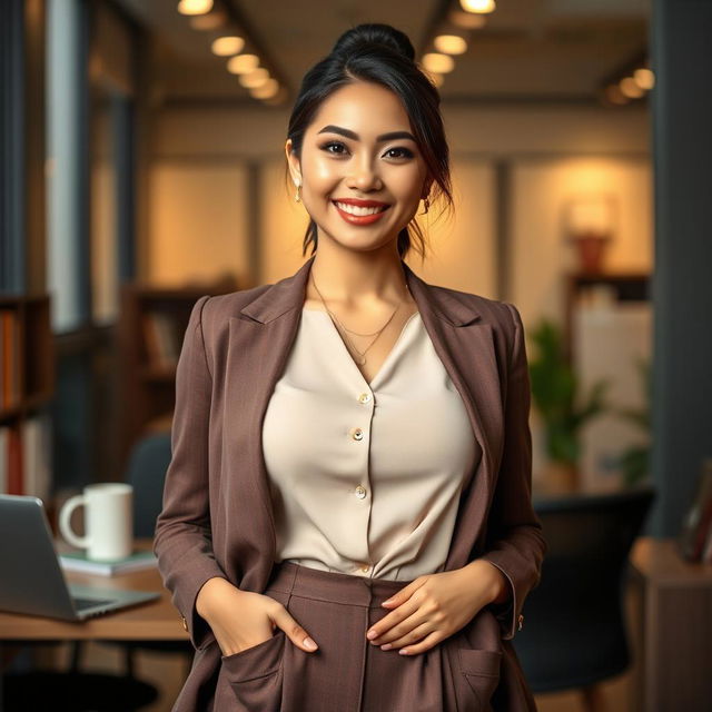 A stunningly beautiful woman from Bandung, Indonesia, possessing a large bust, dressed elegantly in a modest yet classy outfit that showcases her successful and intelligent character