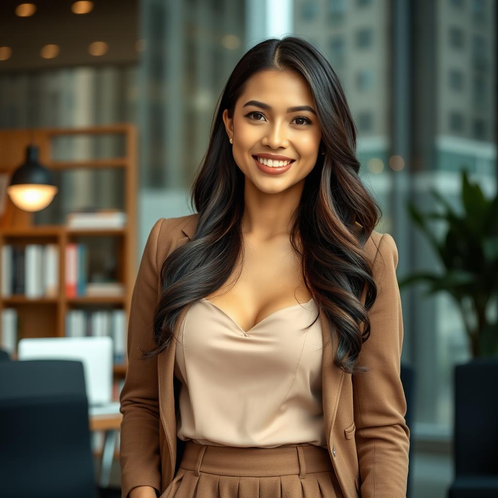 A stunningly beautiful woman from Bandung, Indonesia, possessing a large bust, dressed elegantly in a modest yet classy outfit that showcases her successful and intelligent character