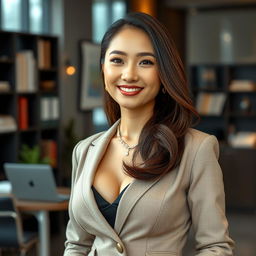A stunningly beautiful woman from Bandung, Indonesia, possessing a large bust, dressed elegantly in a modest yet classy outfit that showcases her successful and intelligent character