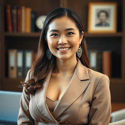 A beautiful woman from Banten, Indonesia, with a large bust, dressed in an elegant and modest outfit that reflects her intelligence and success