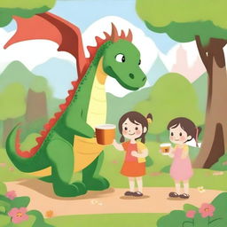 A dragon strolling through the park with a cup of coffee in its claw, accompanied by two little girls.