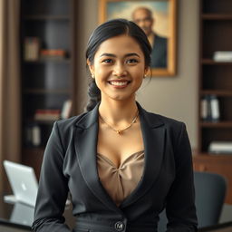 A beautiful woman from Banten, Indonesia, with a large bust, dressed in an elegant and modest outfit that reflects her intelligence and success