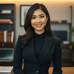 A beautiful woman from Banten, Indonesia, with a large bust, dressed in an elegant and modest outfit that reflects her intelligence and success