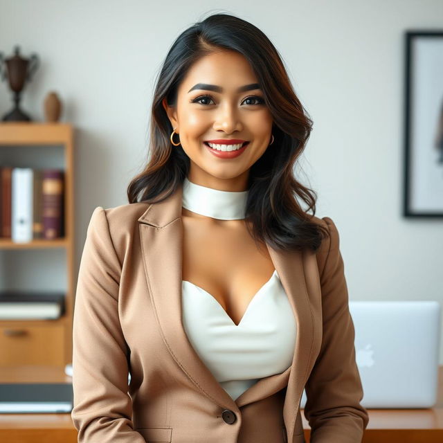 A beautiful woman from Banten, Indonesia, with a large bust, dressed in an elegant and modest outfit that reflects her intelligence and success