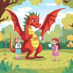 A dragon strolling through the park with a cup of coffee in its claw, accompanied by two little girls.