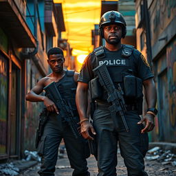 A dramatic and thought-provoking scene depicting a tense moment in an urban favela setting