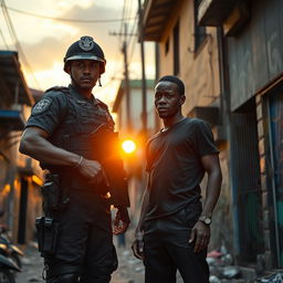 A dramatic and thought-provoking scene depicting a tense moment in an urban favela setting