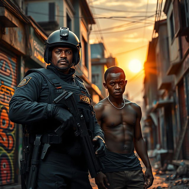 A dramatic and thought-provoking scene depicting a tense moment in an urban favela setting