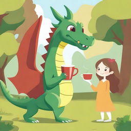 A dragon strolling through the park with a cup of coffee in its claw, accompanied by two little girls.