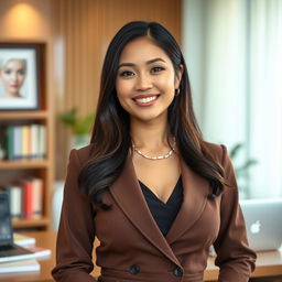 A beautiful woman from Bengkulu, Indonesia, with a large bust, elegantly dressed in a modest outfit that reflects both her intelligence and her successful nature