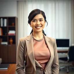 A beautiful woman from Bengkulu, Indonesia, with a large bust, elegantly dressed in a modest outfit that reflects both her intelligence and her successful nature